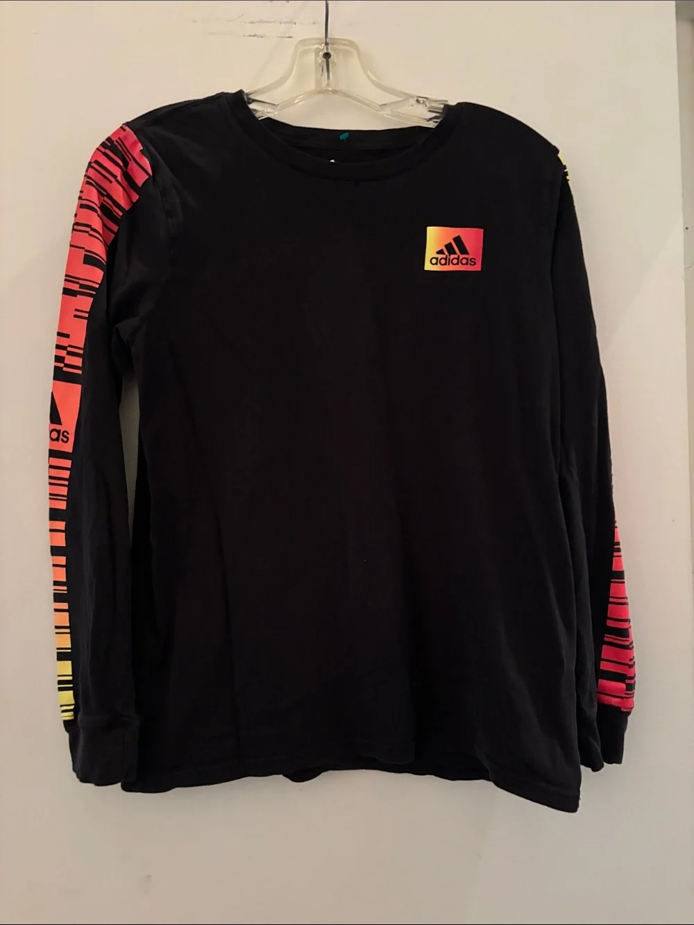adidas Black Long Sleeve Tee with Neon Gradient Logo and Sleeve Stripes